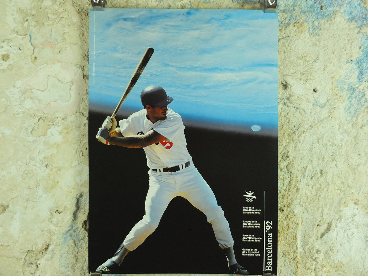 Original Vintage Olympic Spanish Barcelona 1992 Baseball Poster pitch strike moon world MBL softball Olympiad sport wall art 1990s
