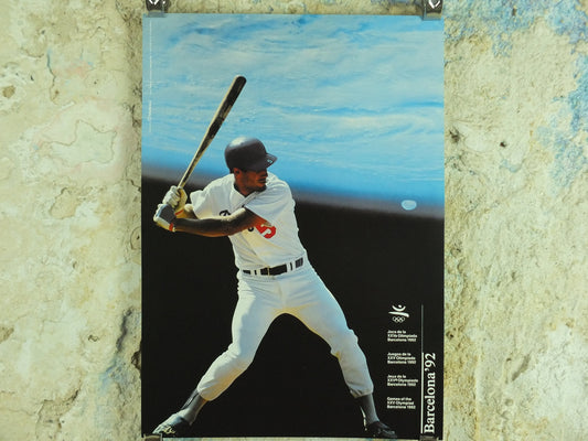 Original Vintage Olympic Spanish Barcelona 1992 Baseball Poster pitch strike moon world MBL softball Olympiad sport wall art 1990s