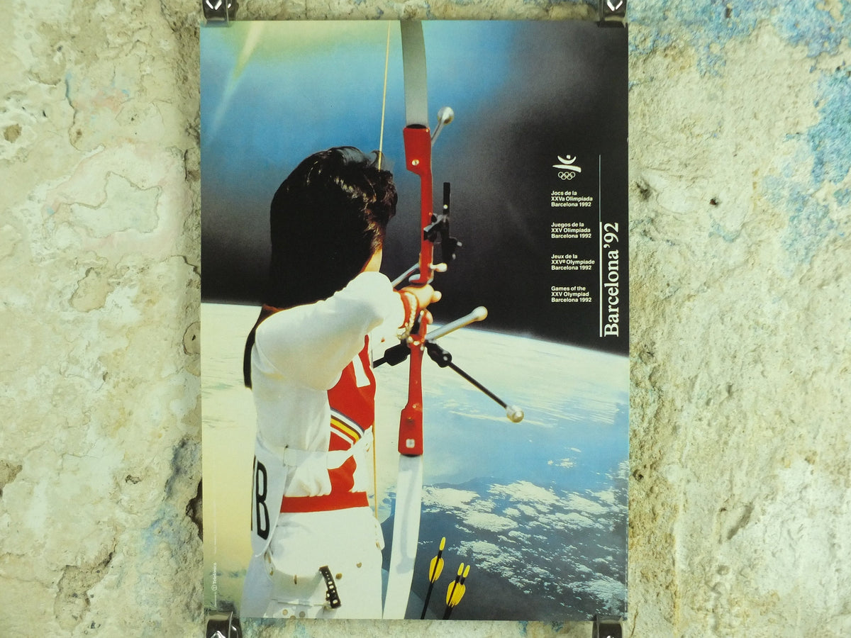 Original Vintage Olympic Spanish Barcelona 1992 Archery Poster bow arrow shooting quiver NASA world Olympiad sport wall art 1990s