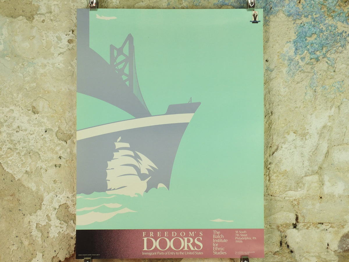 Migrants & Immigration Poster, Freedom's Doors, Immigrant ports of entry to the United States, The Balch Institute wall art 1980s