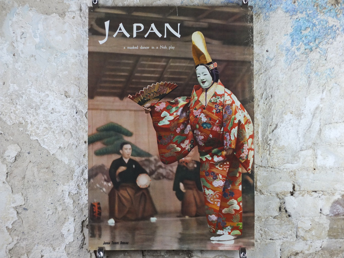 1970s Japan Travel Poster, Masked Dancer in Nobu Play, Japan Travel Bureau, travel tourism advertising print wall art retro 1960s 1968