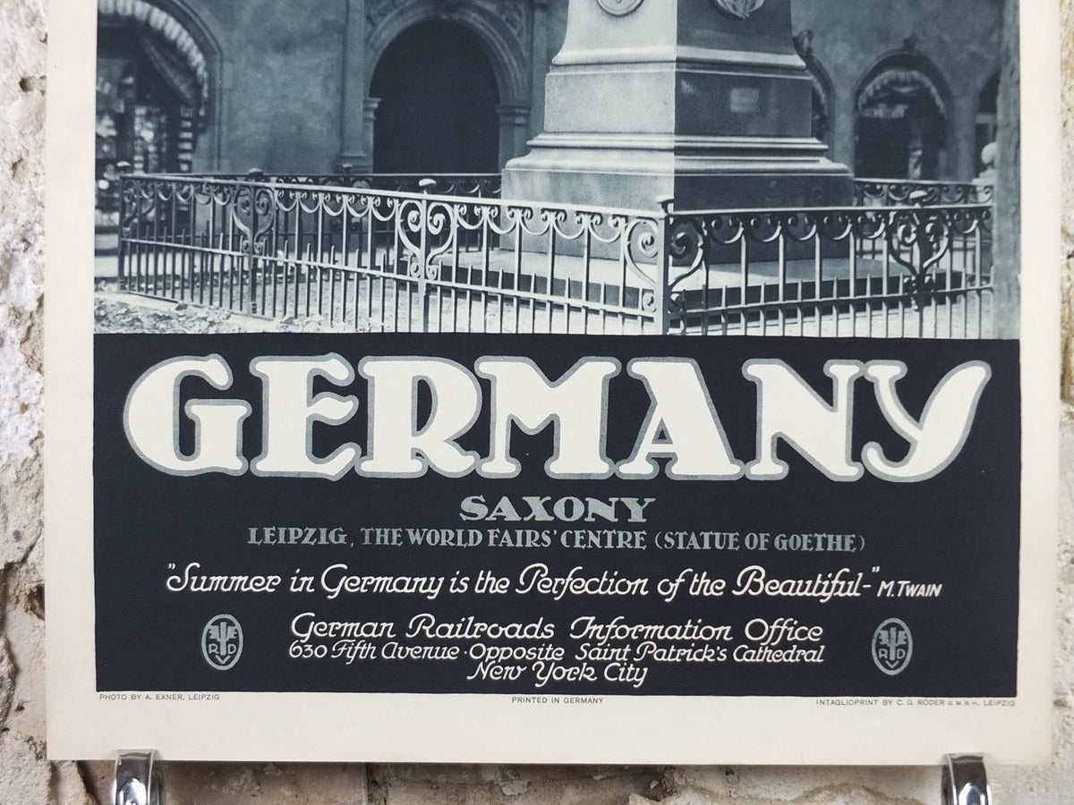 1930s Leipzig Saxony Travel Poster, Statue of Goethe, Germany, World Fair Centre, by A Exner travel tourism advertising print wall art retro