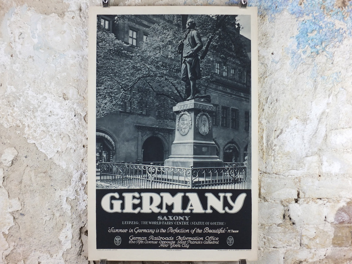 1930s Leipzig Saxony Travel Poster, Statue of Goethe, Germany, World Fair Centre, by A Exner travel tourism advertising print wall art retro