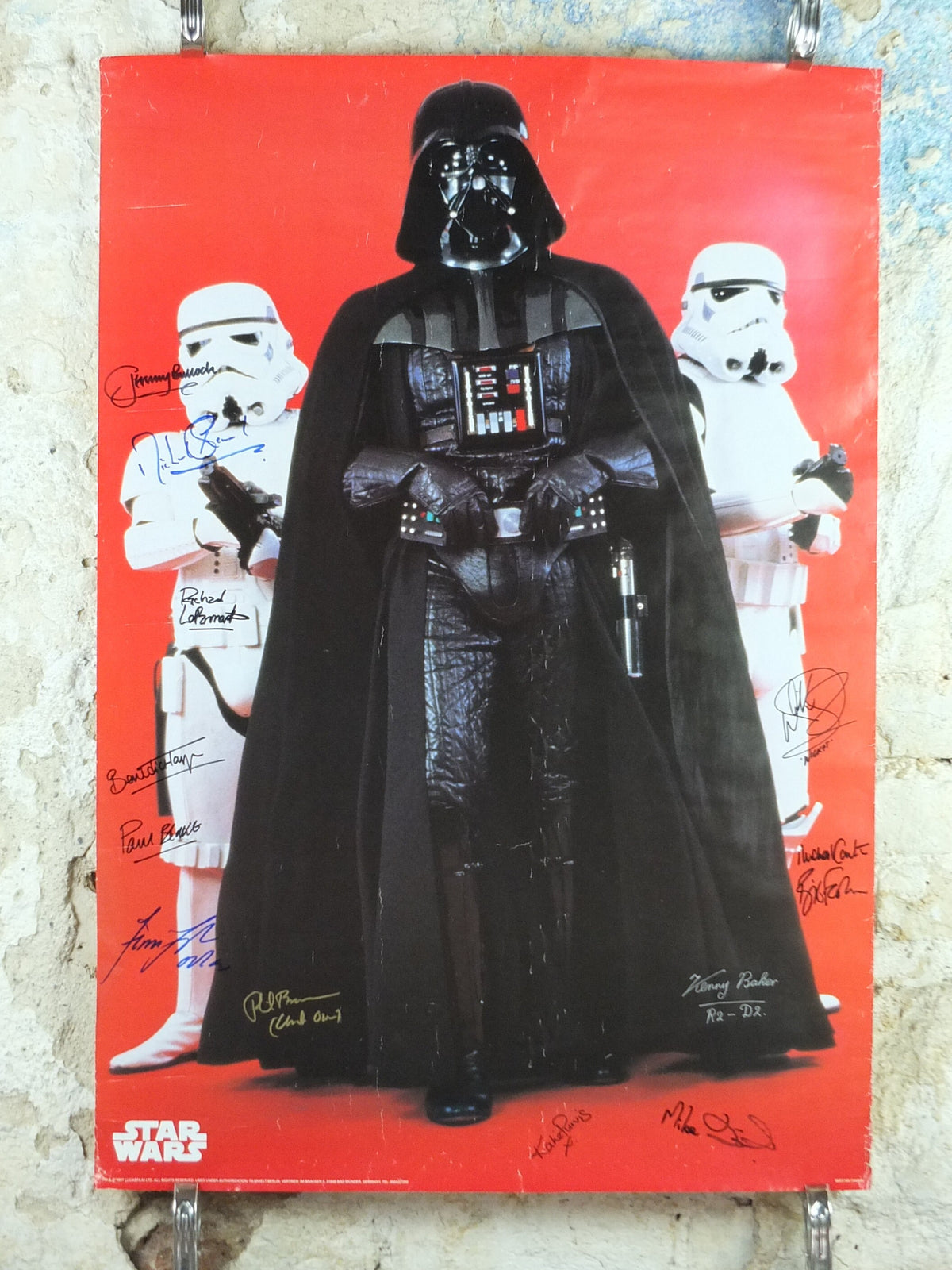 Signed Darth Vader Star Wars Poster, 11 signatures inc R2D2, Boba Fett, Wicket, Bib Fortuna, Greedo & Owen, wall art cinema film memorabilia