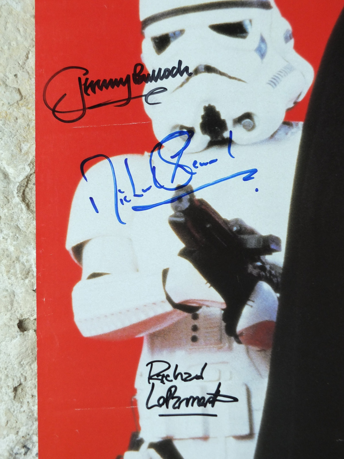 Signed Darth Vader Star Wars Poster, 11 signatures inc R2D2, Boba Fett, Wicket, Bib Fortuna, Greedo & Owen, wall art cinema film memorabilia