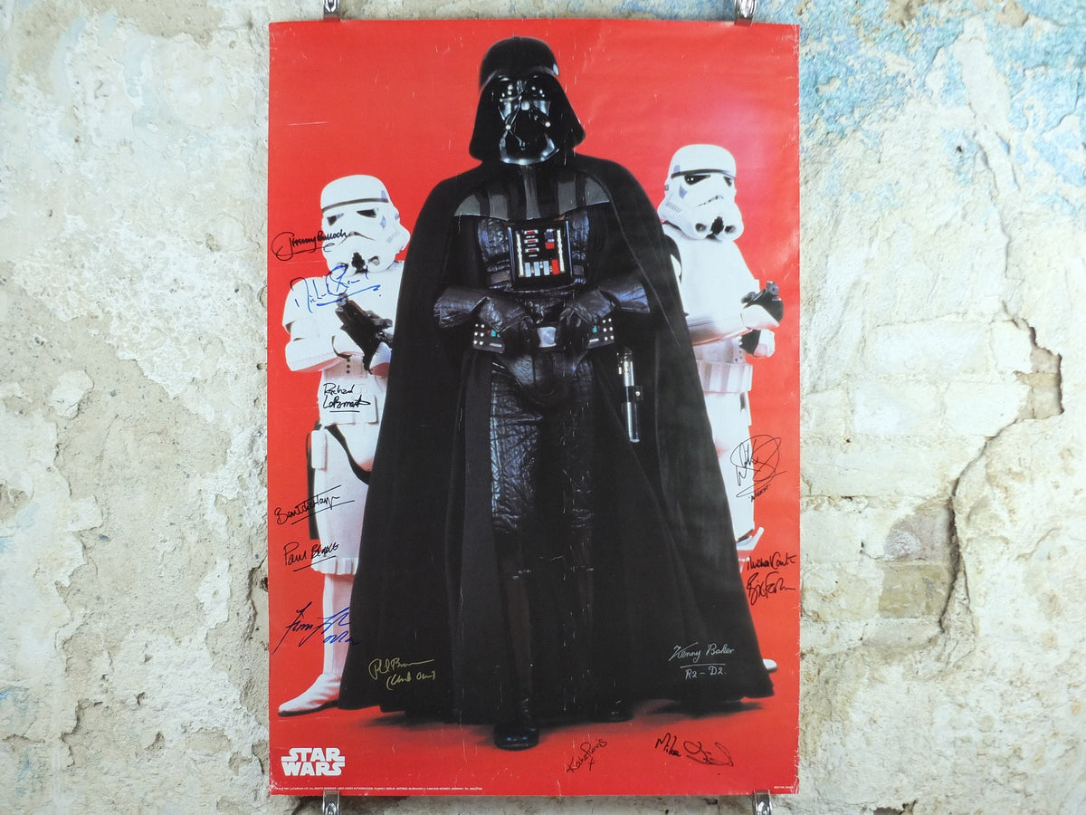 Signed Darth Vader Star Wars Poster, 11 signatures inc R2D2, Boba Fett, Wicket, Bib Fortuna, Greedo & Owen, wall art cinema film memorabilia