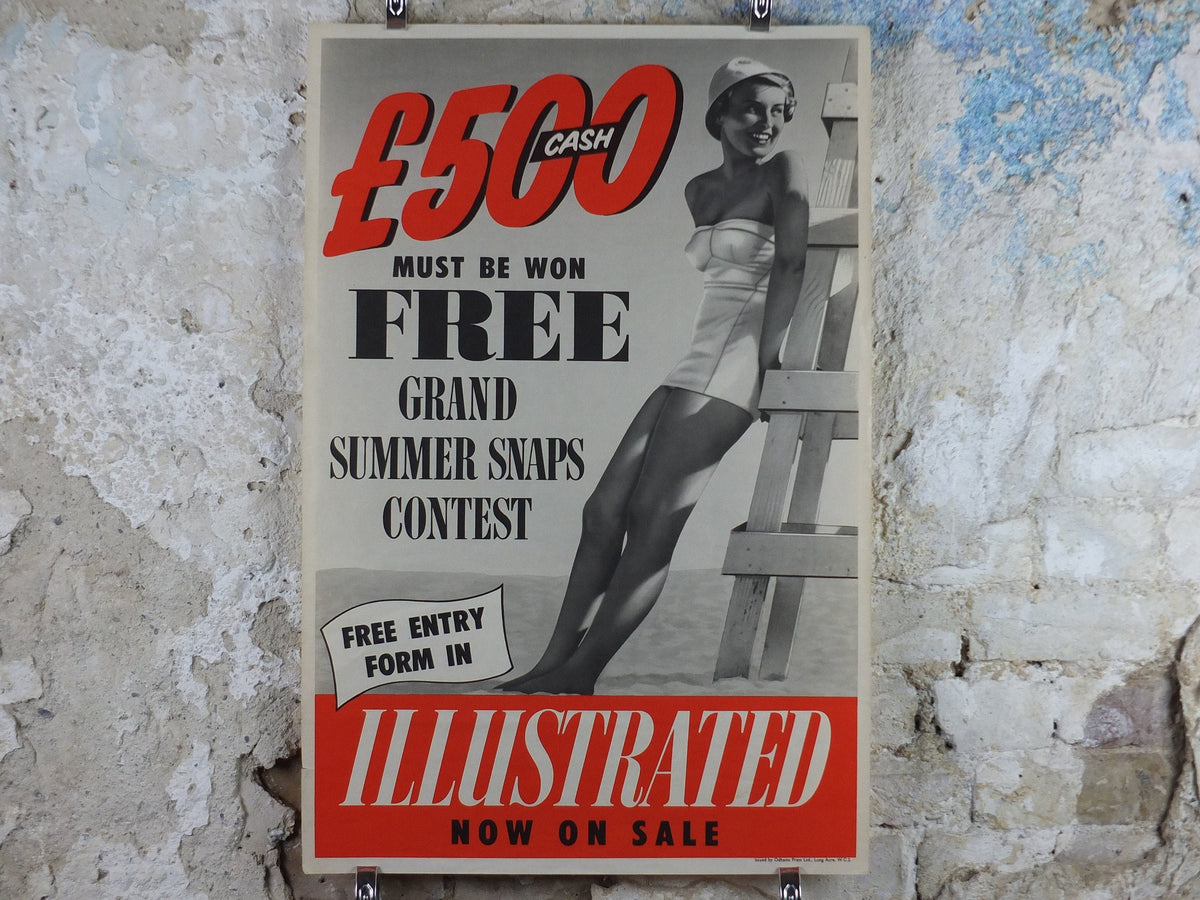 1950s Illustrated Newsagent Poster, Woman in Swimsuit, lifeguard tower at the beach, summer snaps, magazine media print wall art retro
