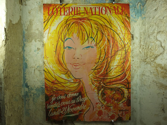 Original Vintage Blonde French National Lottery Poster Advertising Yoldjoglou money coins gold 21 November print wall art retro 1966 1960s