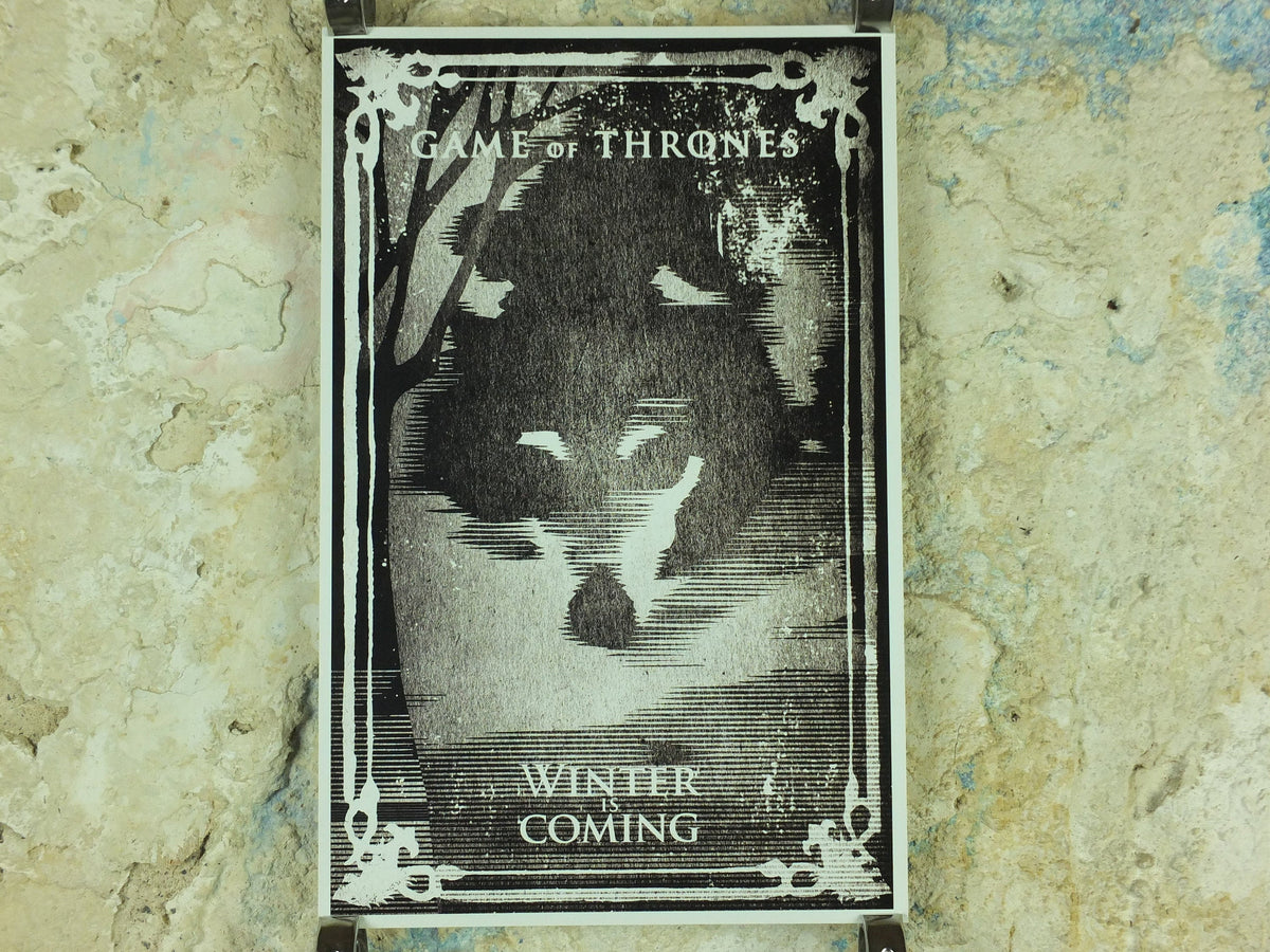 Vintage Game of Thrones House Stark Poster, Winter is Coming, Direwolf, A Song of Fire and Ice, illustration print wall art 1990s