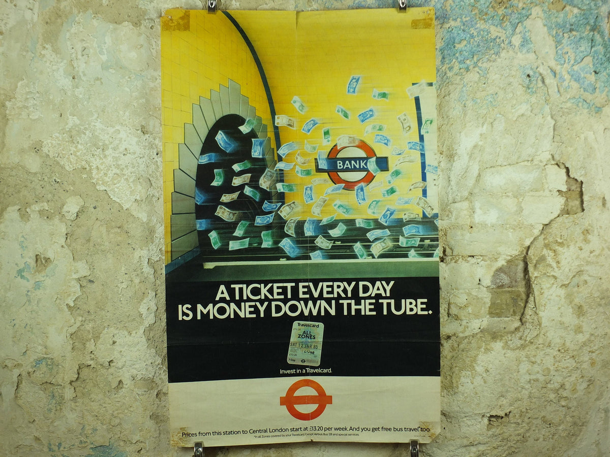 Vintage Tube London Underground Poster, 1980s Travelcard, authentic London history, travel and tourism tourist wall art