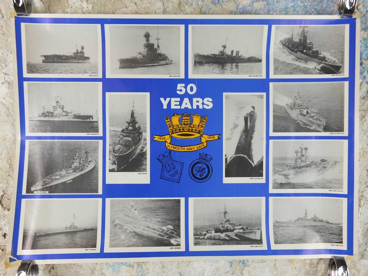1978 Royal Navy British Portsmouth Poster, 1928-1978, 50 years of Plymouth Navy Days, print wall art 1970s