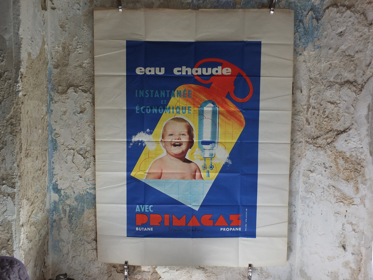 Original Vintage French Primagaz baby gas poster advertising home heating boiler water propane industrial art wall interior design 1960s