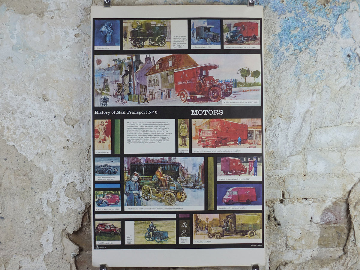 1966 History of Mail Transport Poster, Motors and Vehicles, GPO, General Post Office, by Michael Heslop, Royal Mail, SPWDC3, decor wall art