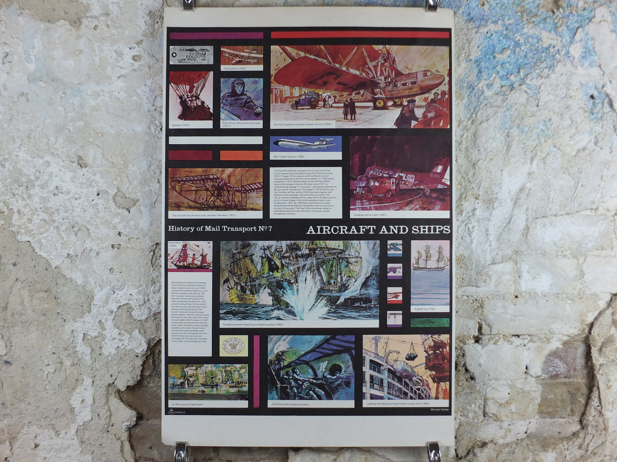 1966 History of Mail Transport Poster, Aircraft and Ships, GPO, General Post Office, by Michael Heslop, Royal Mail, SPWDC3, decor wall art