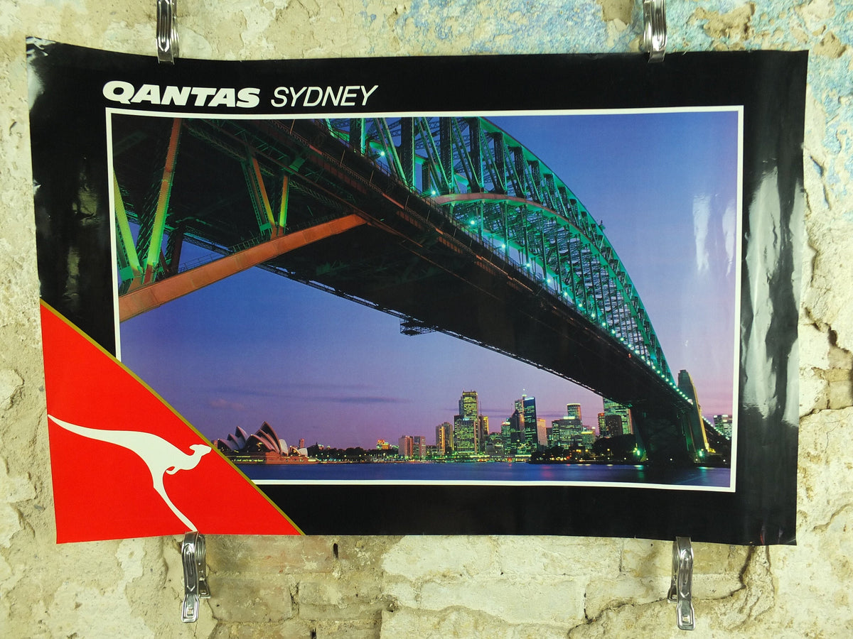Original Vintage Australia Qantas Sydney Harbour Bridge Travel Poster city bay harbour travel tourism holiday vacation wall art 1990