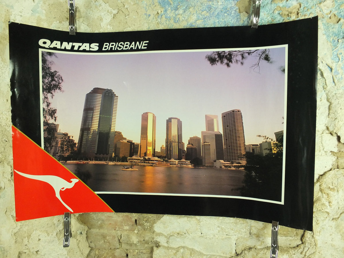 Original Vintage Australia Qantas Brisbane Travel Poster city bay harbour skyscrapers travel tourism holiday vacation wall art 1990