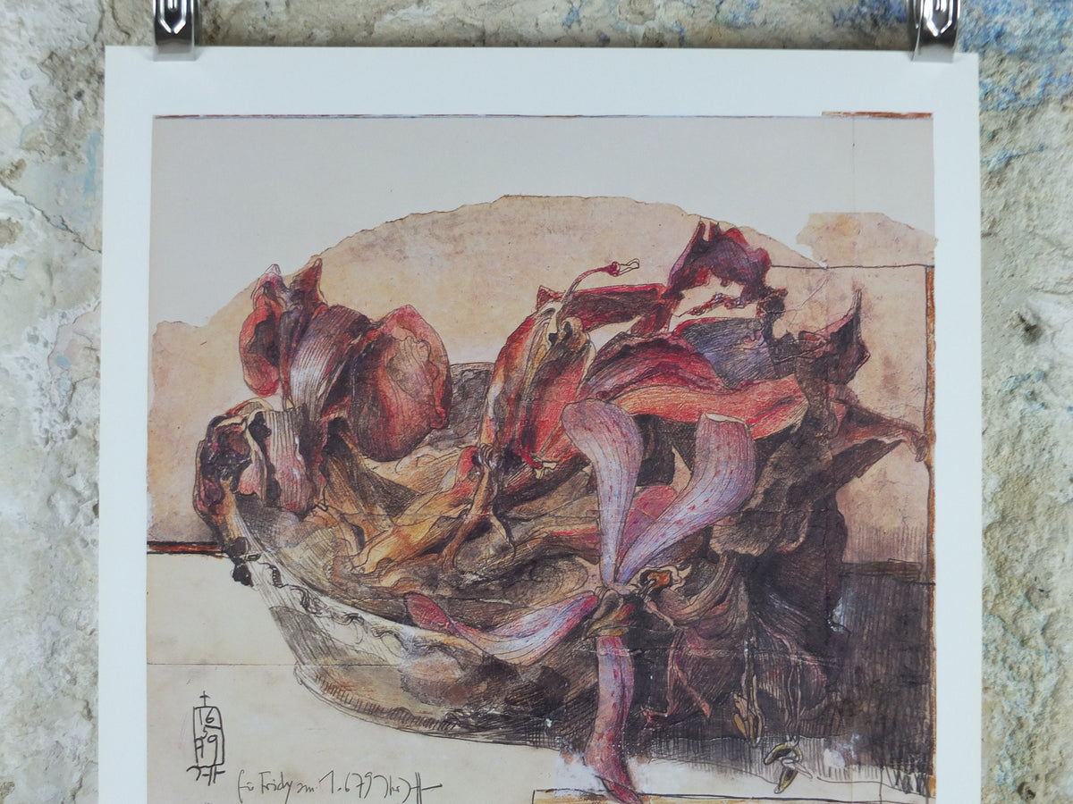 1981 Horst Janssen Poster, Dried Lillies, amazing condition, lithography and print making, gallery exhibition wall art 1980s