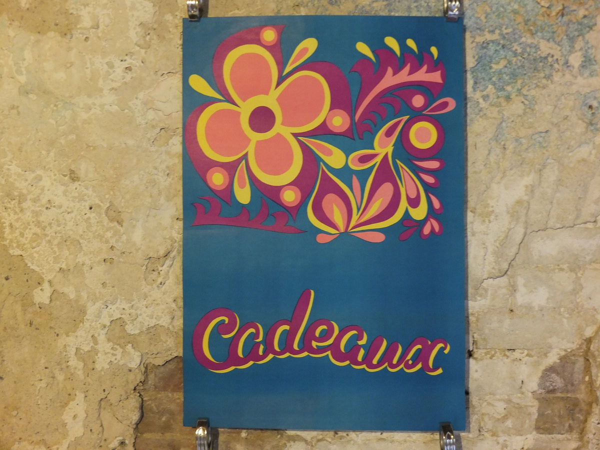 Vintage French Cadeaux Poster, gifts presents, treat, house and home, street advertising, wall art retro 1970s seventies rustic housewarming