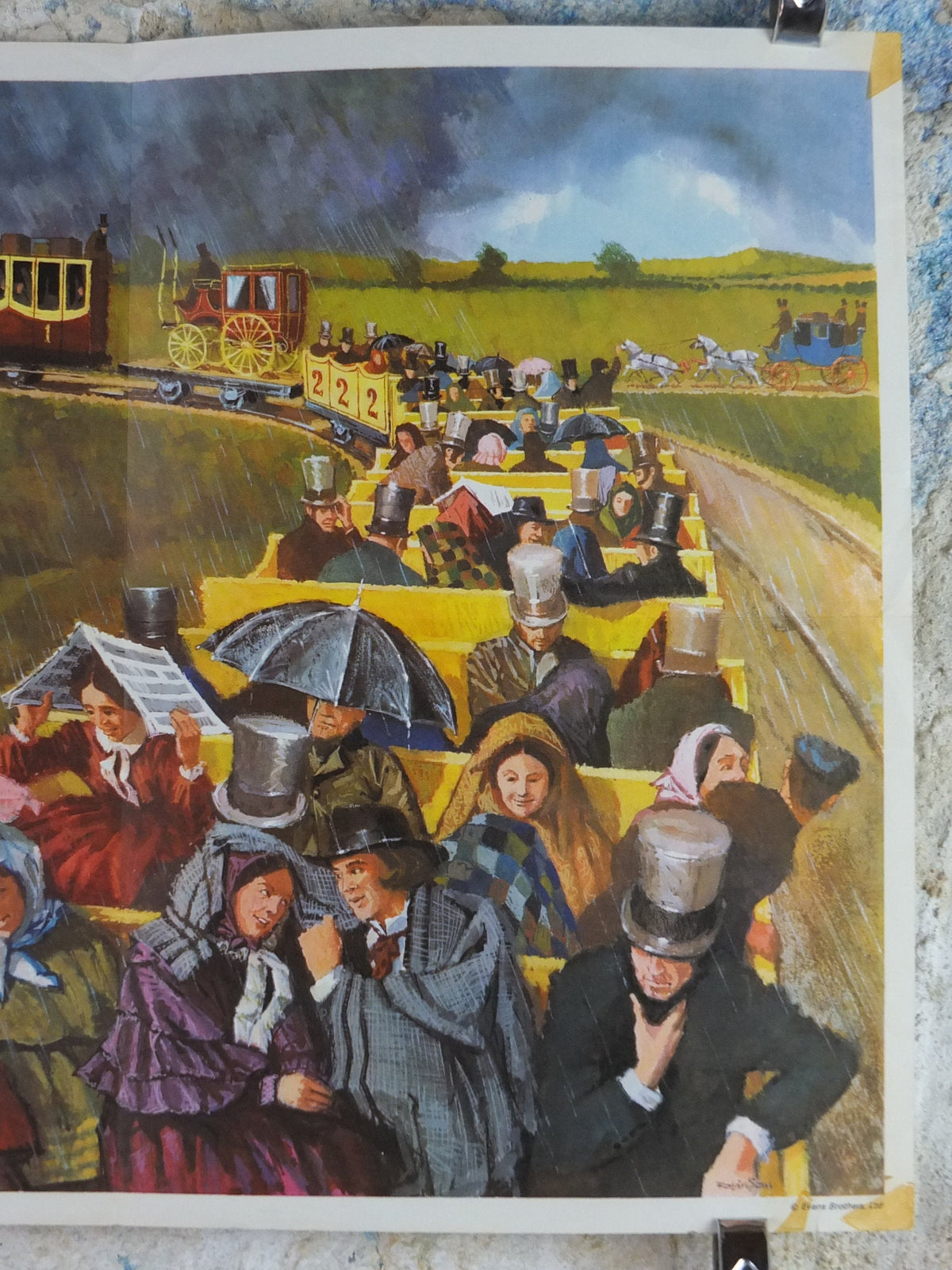 1969 Child Education Trains Poster, An early railway scene, steam train with open top carriage, mid century print, wall art
