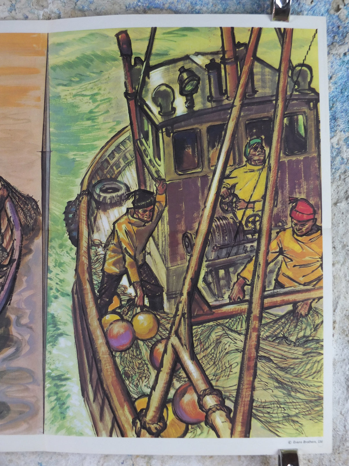 1969 Child Education Fishermen Poster, Contrasts between biblical and modern fishermen, by A.R. Whitear, mid century print, wall art