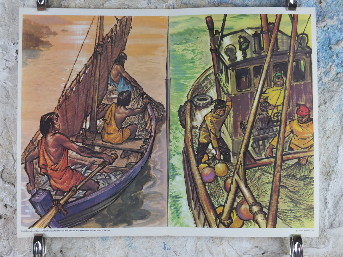 1969 Child Education Fishermen Poster, Contrasts between biblical and modern fishermen, by A.R. Whitear, mid century print, wall art