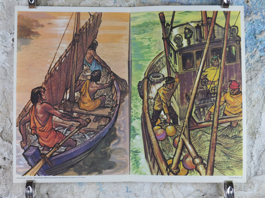 1969 Child Education Fishermen Poster, Contrasts between biblical and modern fishermen, by A.R. Whitear, mid century print, wall art