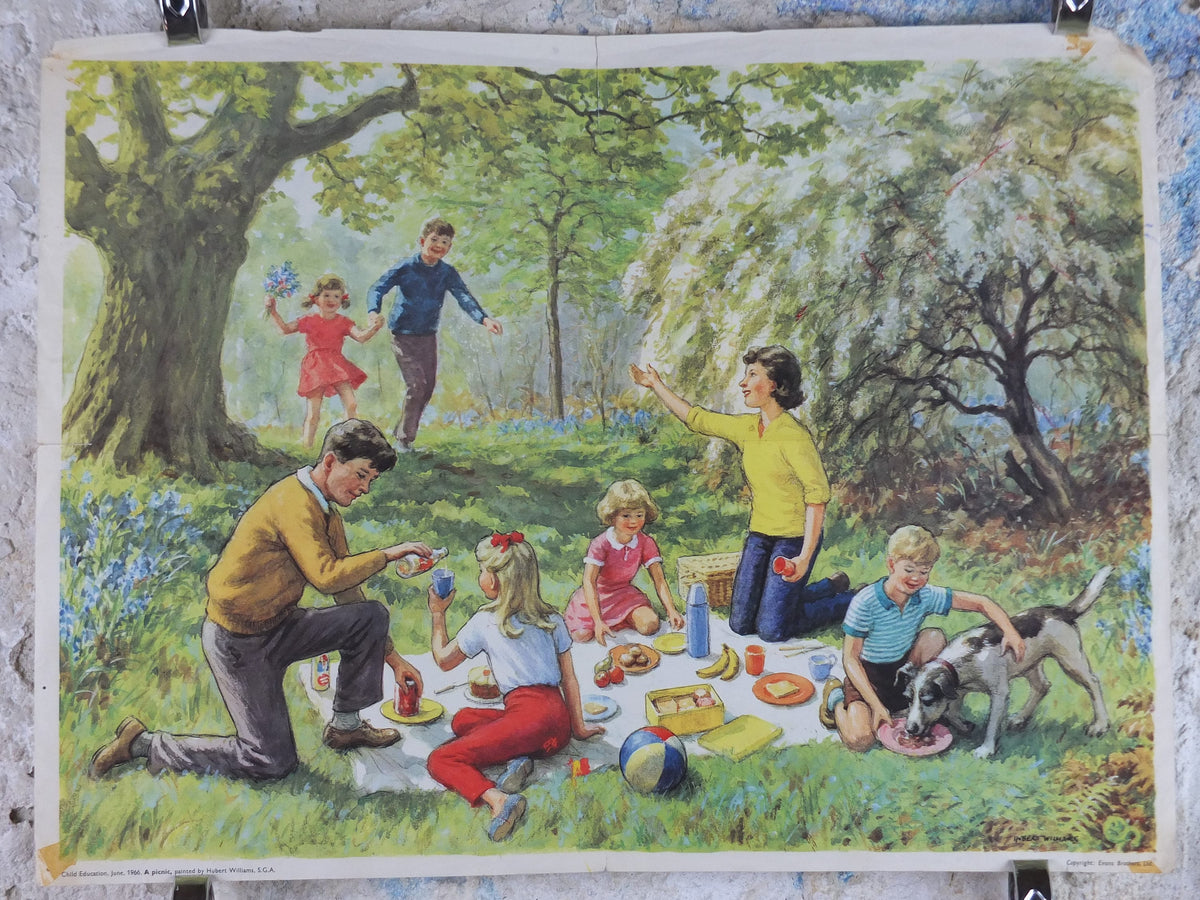 1966 Child Education Family Picnic Poster, a large family picnic in the 1960s, by Hubert Williams, mid century print, wall art