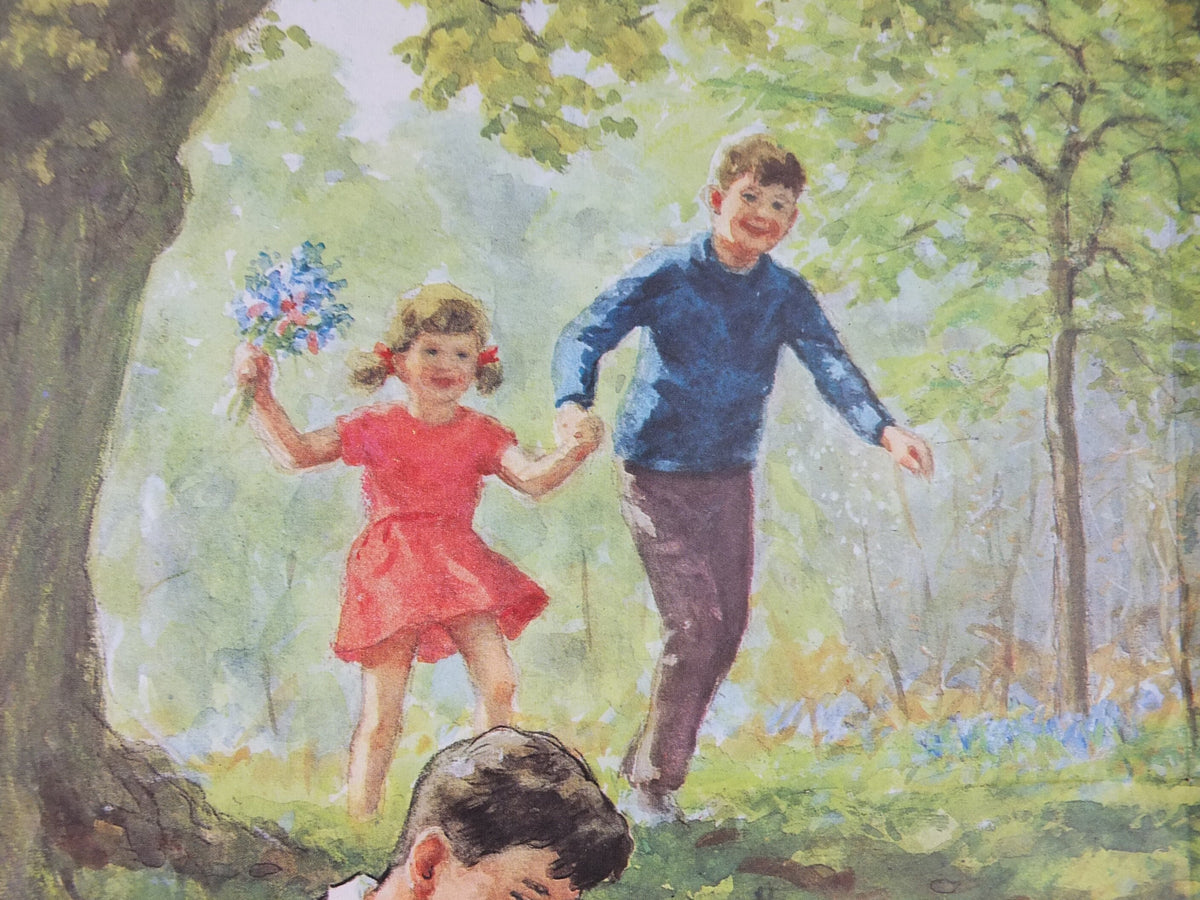 1966 Child Education Family Picnic Poster, a large family picnic in the 1960s, by Hubert Williams, mid century print, wall art