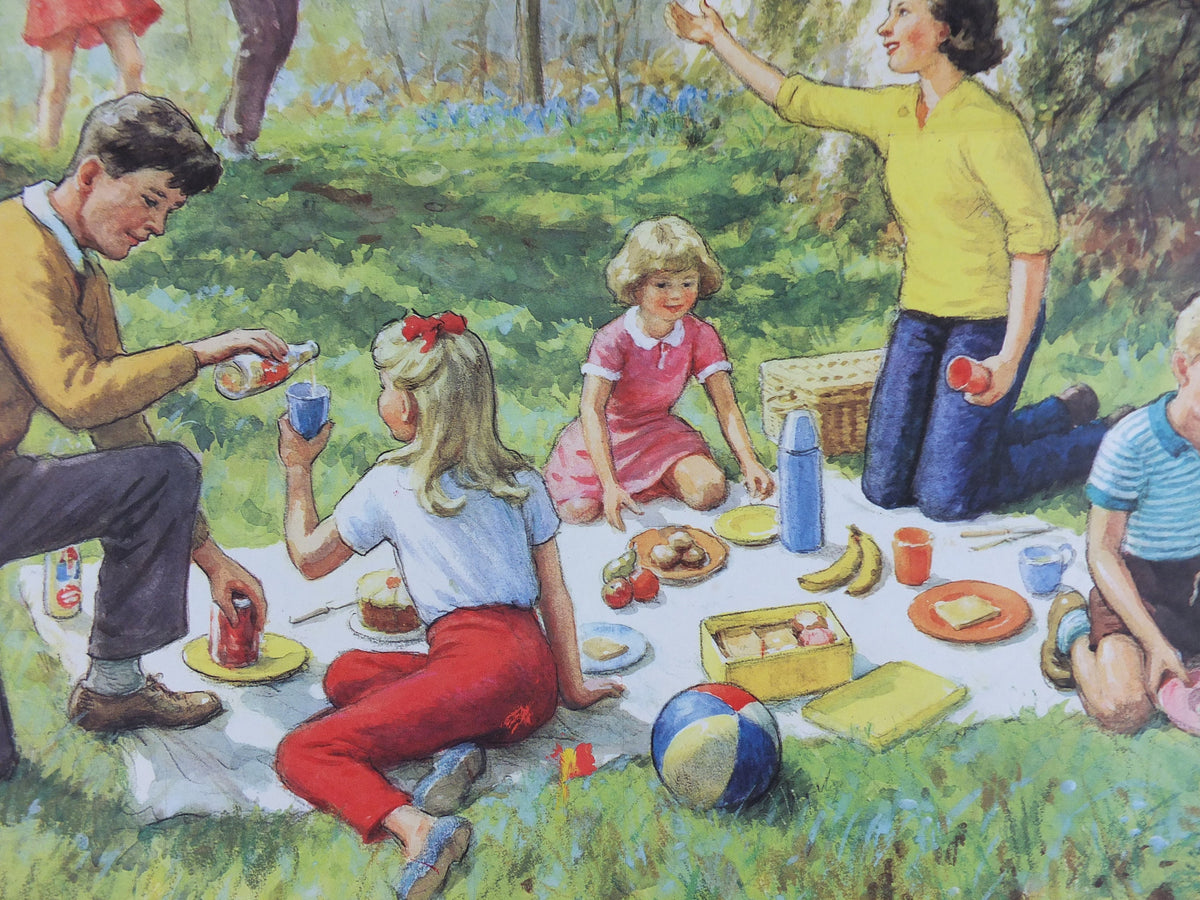 1966 Child Education Family Picnic Poster, a large family picnic in the 1960s, by Hubert Williams, mid century print, wall art