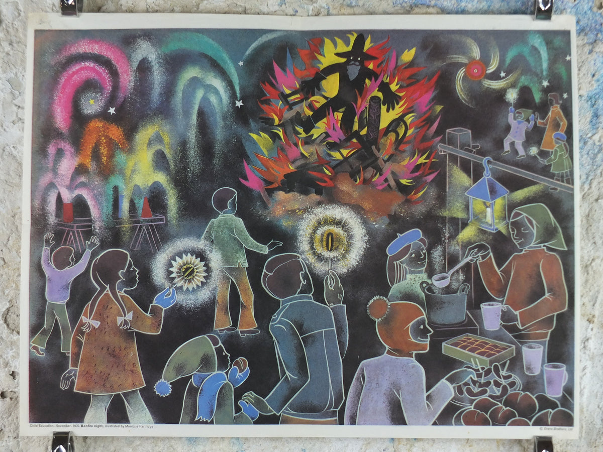 1971 Child Education Bonfire Night Poster, fireworks, sparklers, Guy Fawkes, bonfire, leaf burning, mid century print, wall art