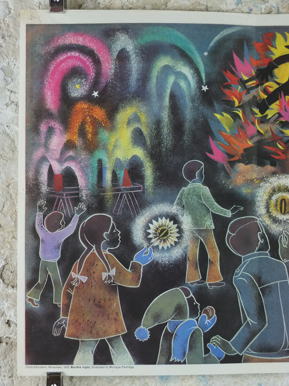 1971 Child Education Bonfire Night Poster, fireworks, sparklers, Guy Fawkes, bonfire, leaf burning, mid century print, wall art