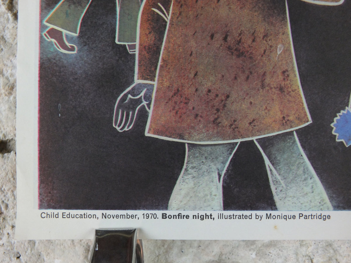 1971 Child Education Bonfire Night Poster, fireworks, sparklers, Guy Fawkes, bonfire, leaf burning, mid century print, wall art
