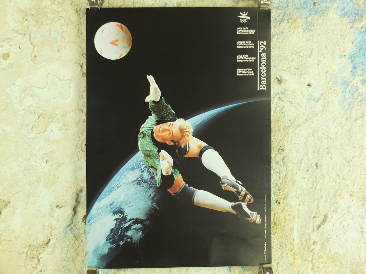 Original Vintage Olympic Spanish Barcelona 1992 Football Poster soccer ball goalkeeper dive goalie Olympiad sport wall art 1990s