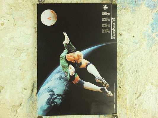 Original Vintage Olympic Spanish Barcelona 1992 Football Poster soccer ball goalkeeper dive goalie Olympiad sport wall art 1990s