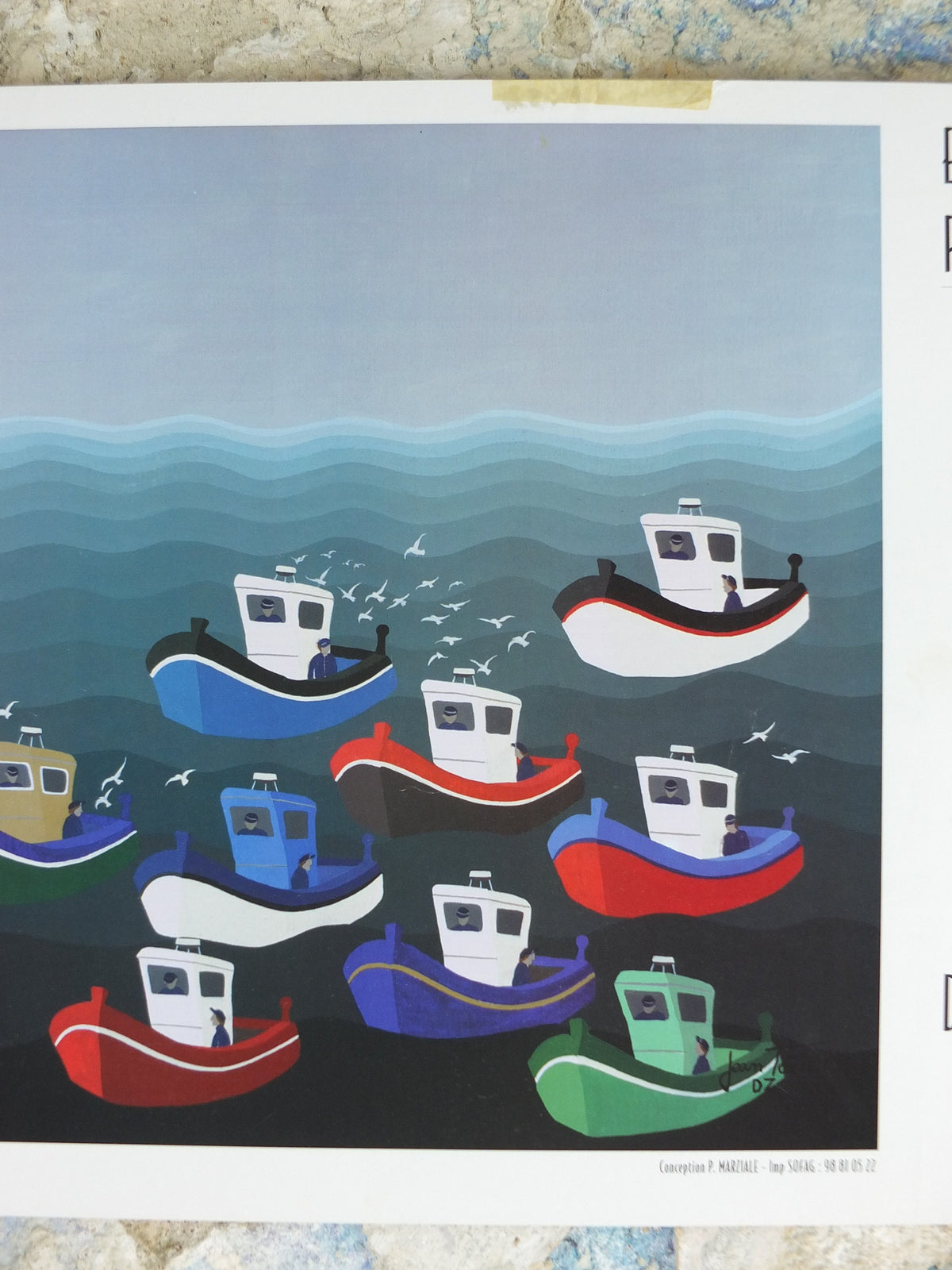 1994 Boats on the Sea Poster, Jean Toth, colourful tugs, seascapes, French painter, wall art decor