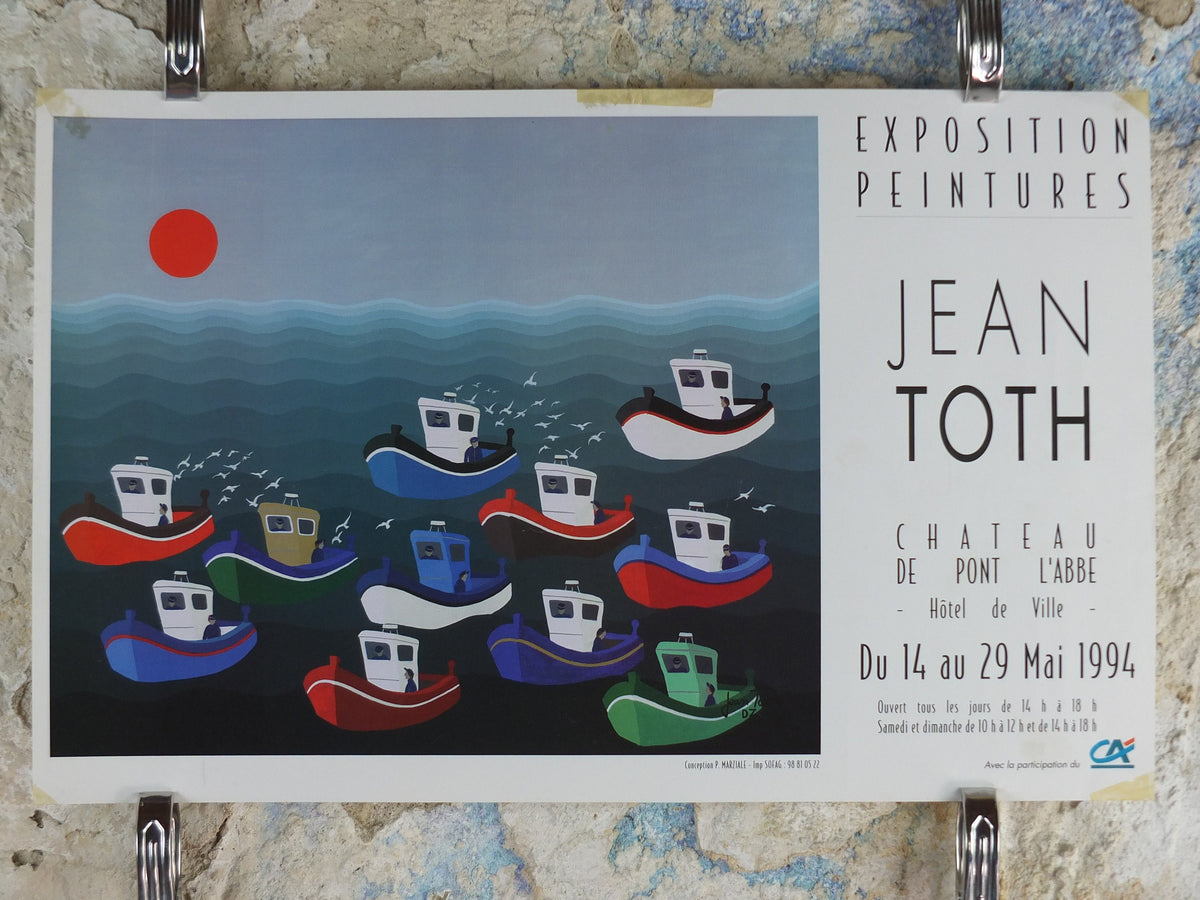 1994 Boats on the Sea Poster, Jean Toth, colourful tugs, seascapes, French painter, wall art decor