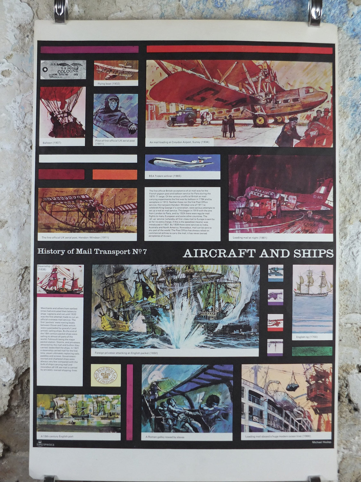 1966 History of Mail Transport Poster, Aircraft and Ships, GPO, General Post Office, by Michael Heslop, Royal Mail, SPWDC3, decor wall art