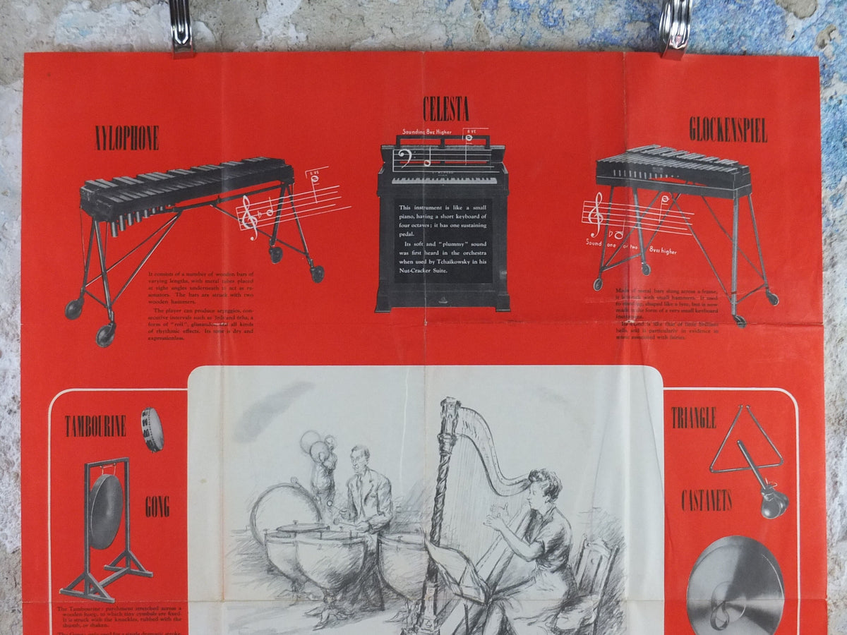 Vintage Percussion Instruments Music Poster, Drums, Xylophone, Harp, Bells, Cymbols, Gong classical music wall art decor