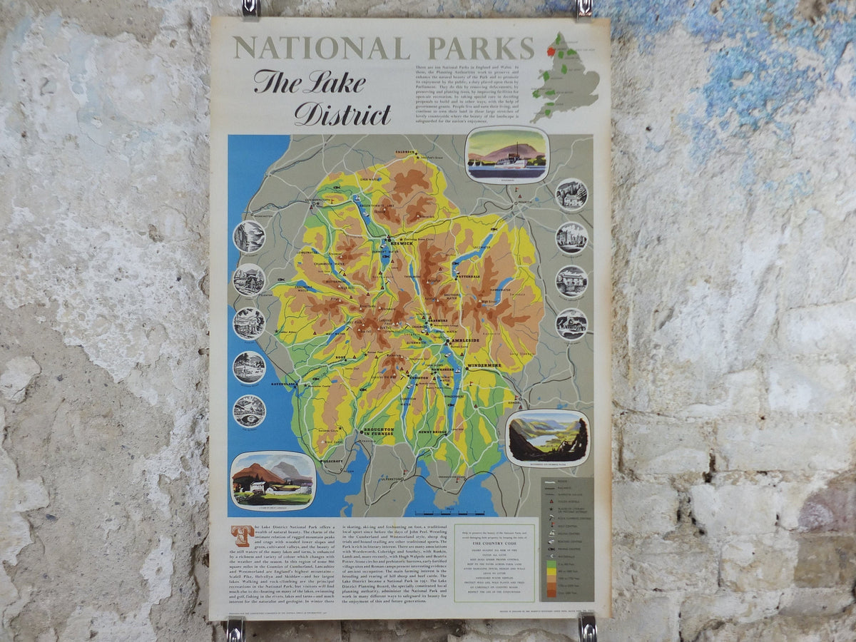 1968 Lake District Poster, National Parks, Cumbria, Scarfell Pike, Windermere, Wordsworth, Travel and Tourism, walking trail, wall art decor