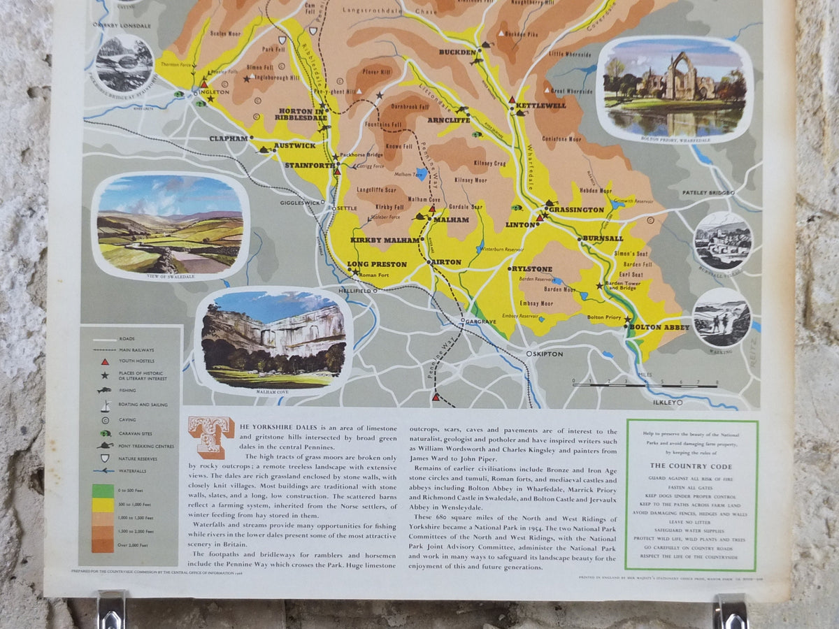 1968 Yorkshire Dales Poster, National Parks, The Pennines, Hawes, Bolton Abbey, Ridings, Travel and Tourism, walking trail, wall art decor