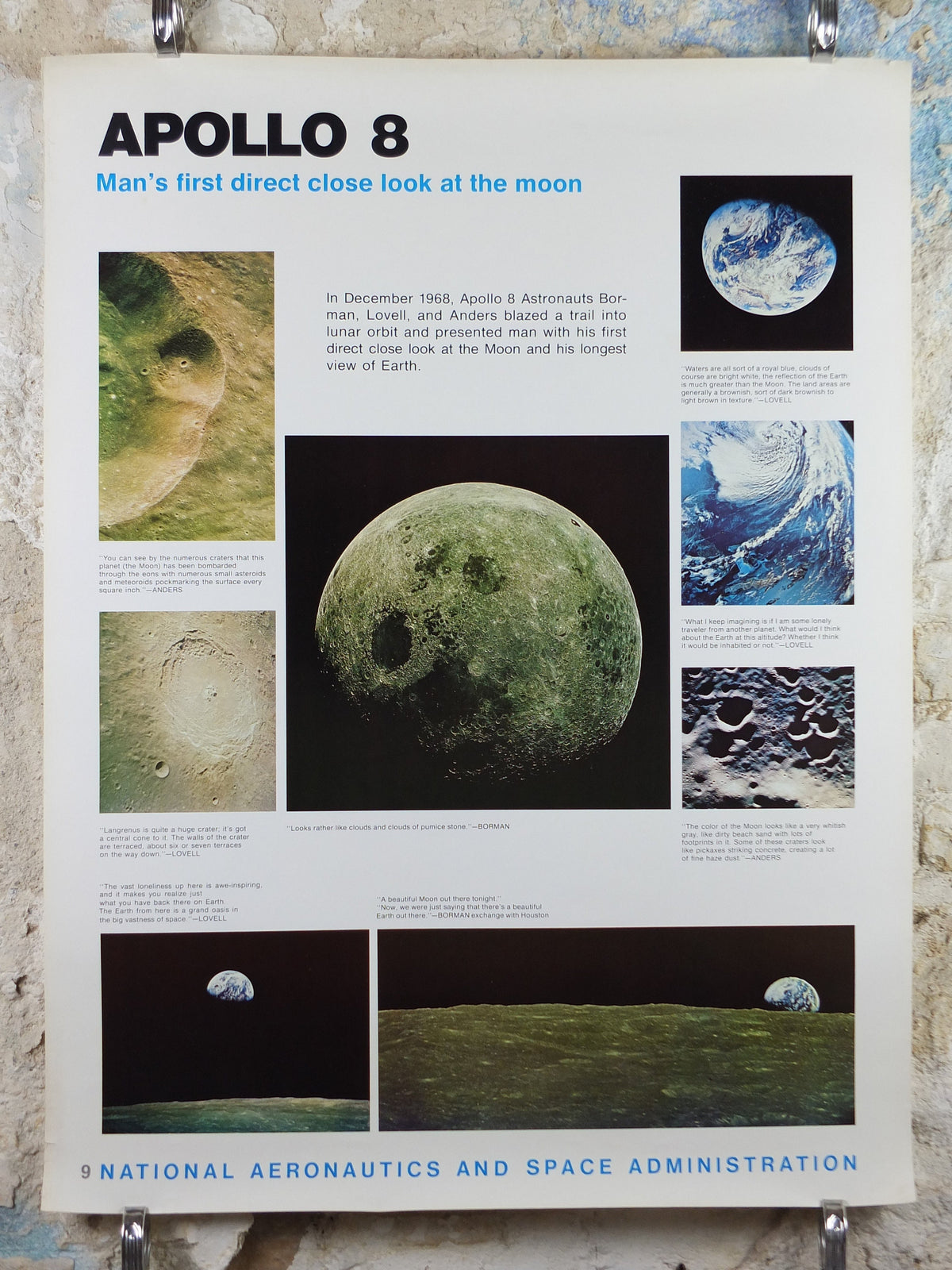 1969 NASA Apollo 8 Poster, Man's first direct close look at the Moon, Apollo Program, ISS laboratory, wall art decor