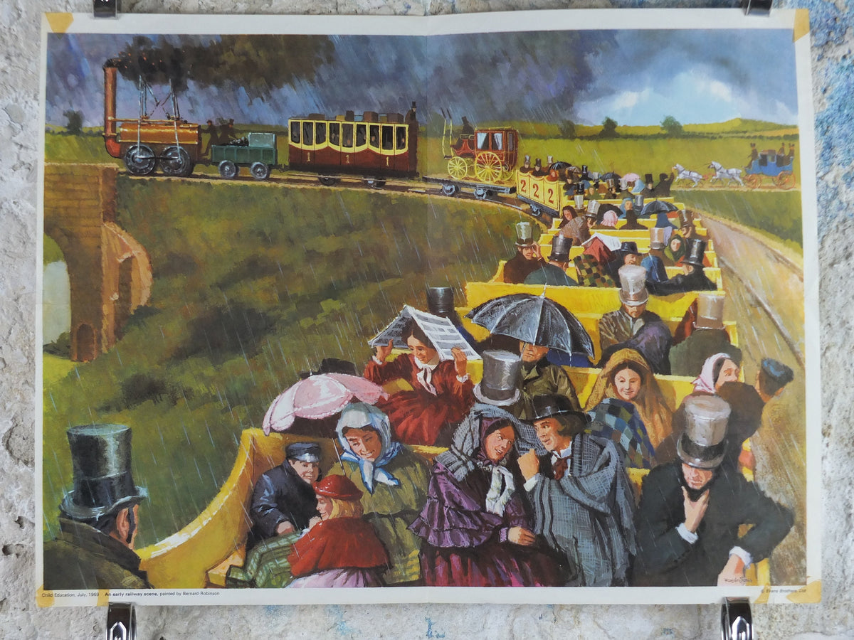 1969 Child Education Trains Poster, An early railway scene, steam train with open top carriage, mid century print, wall art