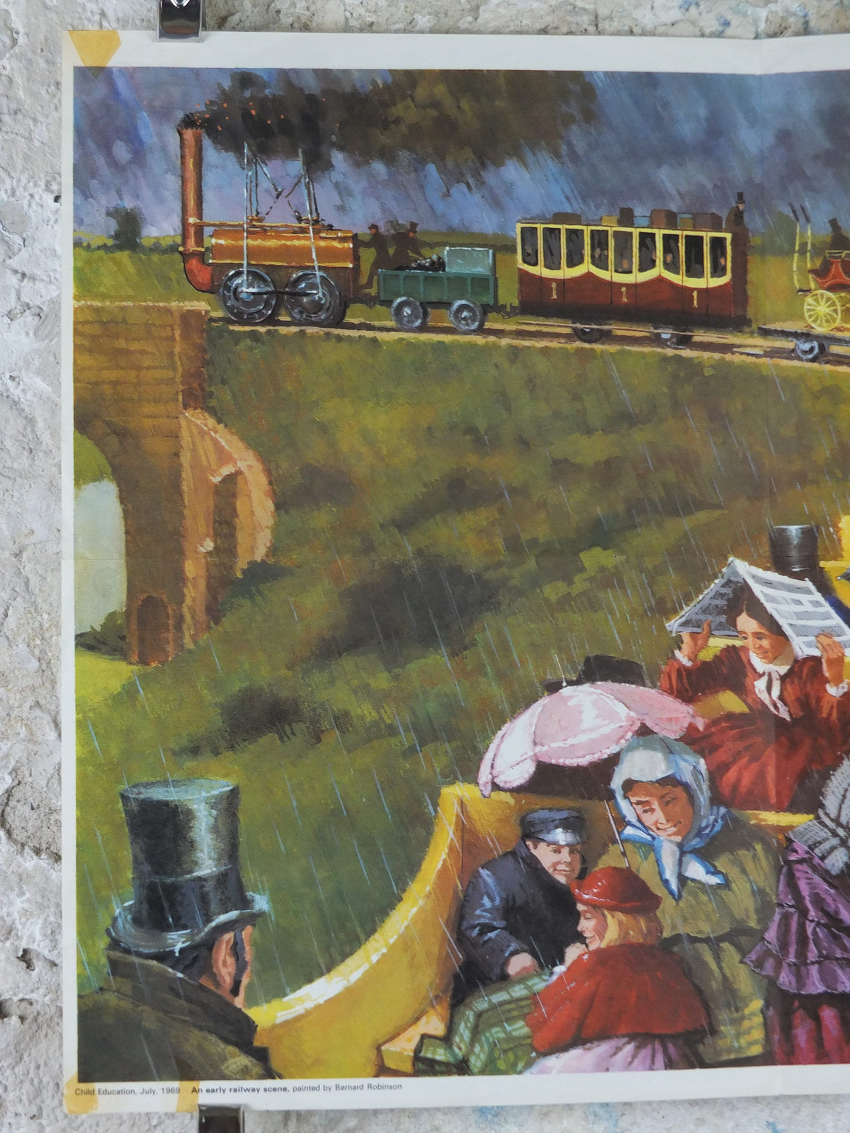 1969 Child Education Trains Poster, An early railway scene, steam train with open top carriage, mid century print, wall art