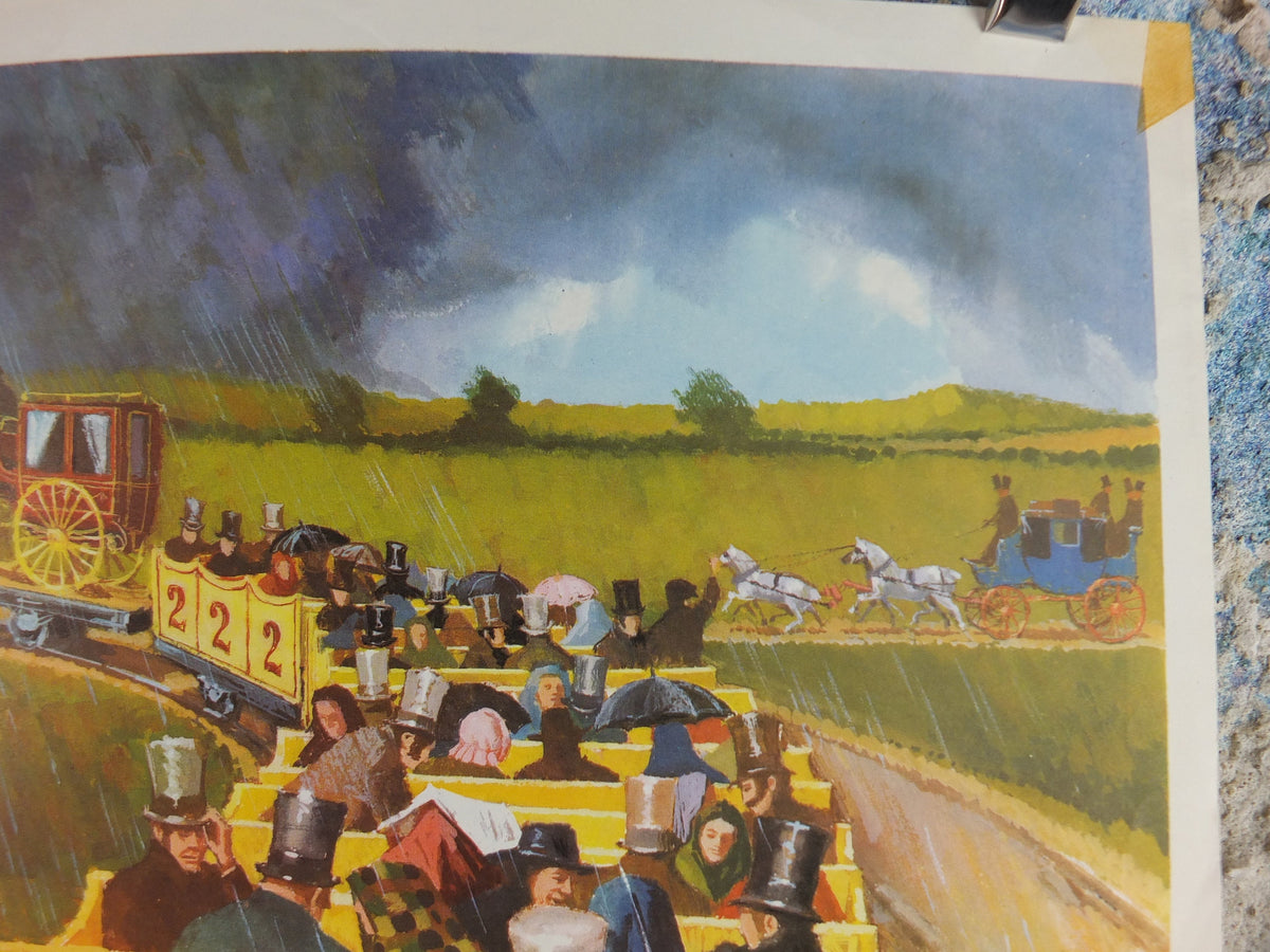 1969 Child Education Trains Poster, An early railway scene, steam train with open top carriage, mid century print, wall art