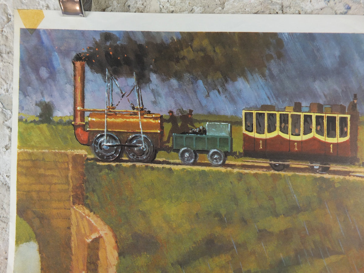 1969 Child Education Trains Poster, An early railway scene, steam train with open top carriage, mid century print, wall art