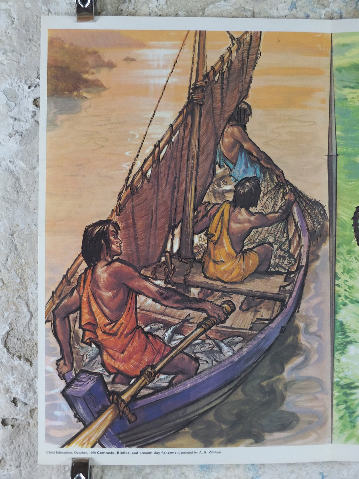 1969 Child Education Fishermen Poster, Contrasts between biblical and modern fishermen, by A.R. Whitear, mid century print, wall art