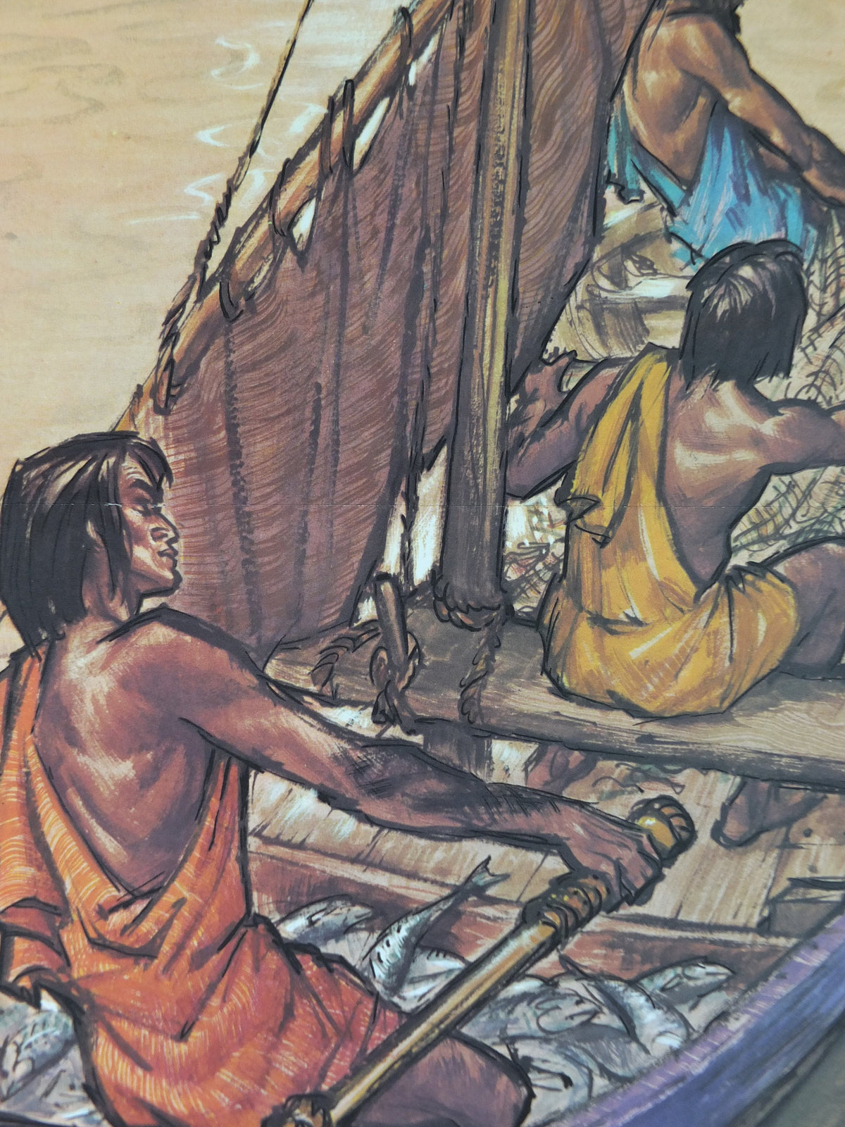1969 Child Education Fishermen Poster, Contrasts between biblical and modern fishermen, by A.R. Whitear, mid century print, wall art