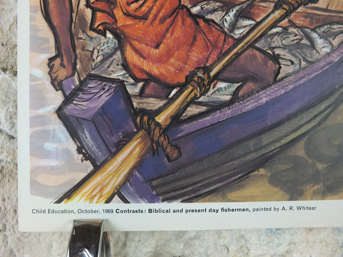 1969 Child Education Fishermen Poster, Contrasts between biblical and modern fishermen, by A.R. Whitear, mid century print, wall art