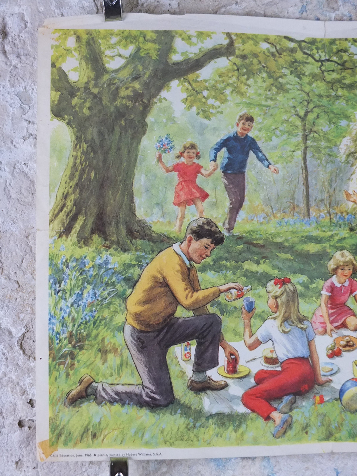 1966 Child Education Family Picnic Poster, a large family picnic in the 1960s, by Hubert Williams, mid century print, wall art