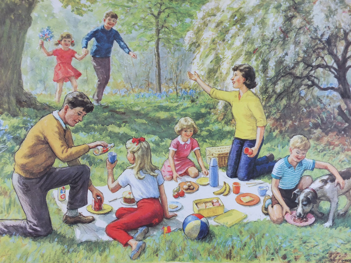 1966 Child Education Family Picnic Poster, a large family picnic in the 1960s, by Hubert Williams, mid century print, wall art